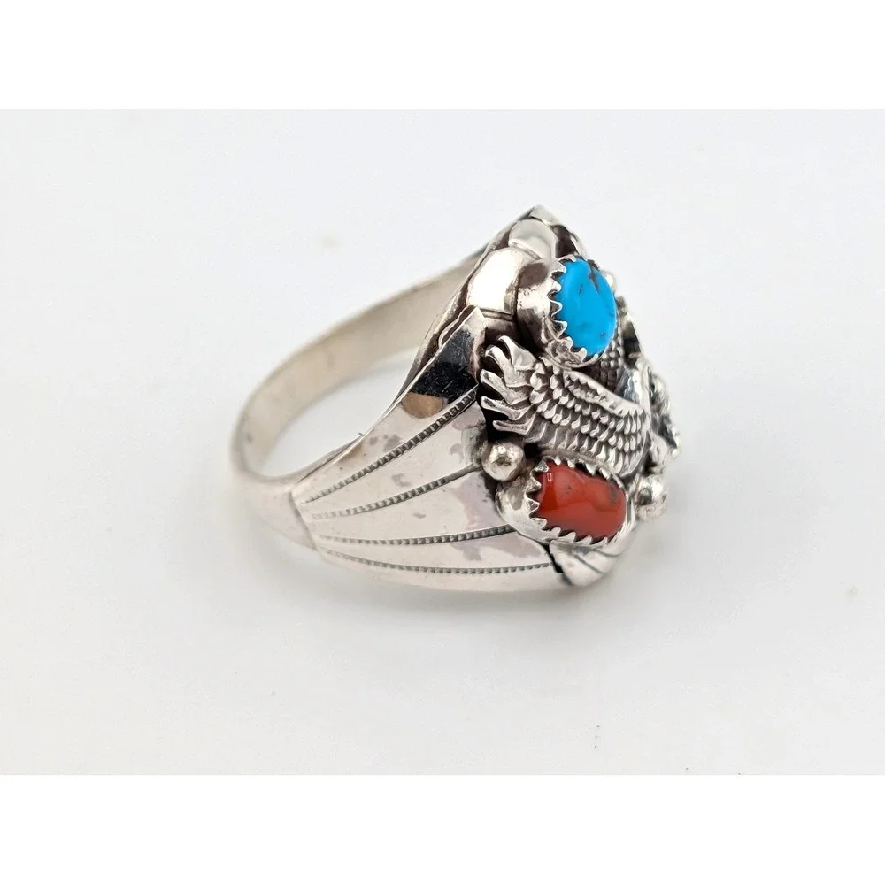 Navajo Men's Eagle Ring Sterling Silver Turquoise Signed Grace Smith Sz 11.5 ***
